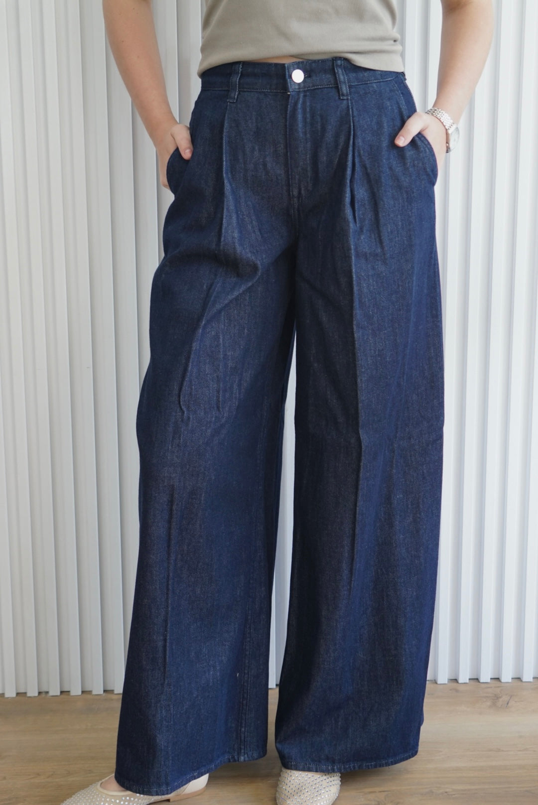 Pleated Wide-Leg Denim Pants