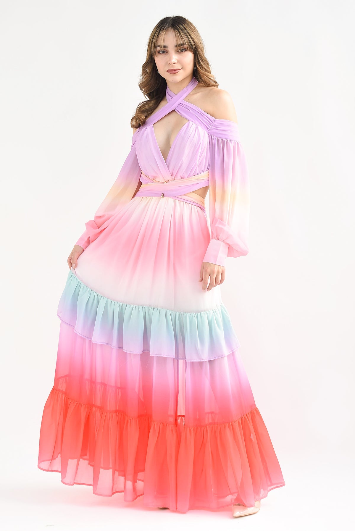 Rainbow Ombré Fruffled Maxi Dress