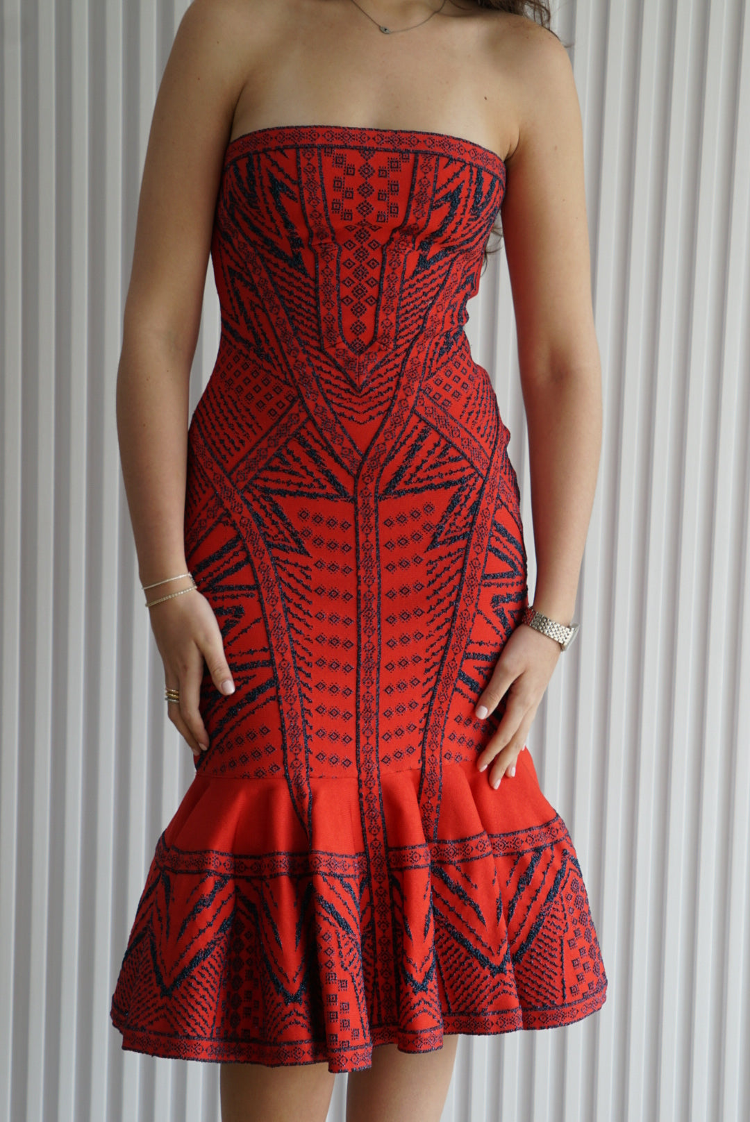 Strapless Geometric Jacquard Dress