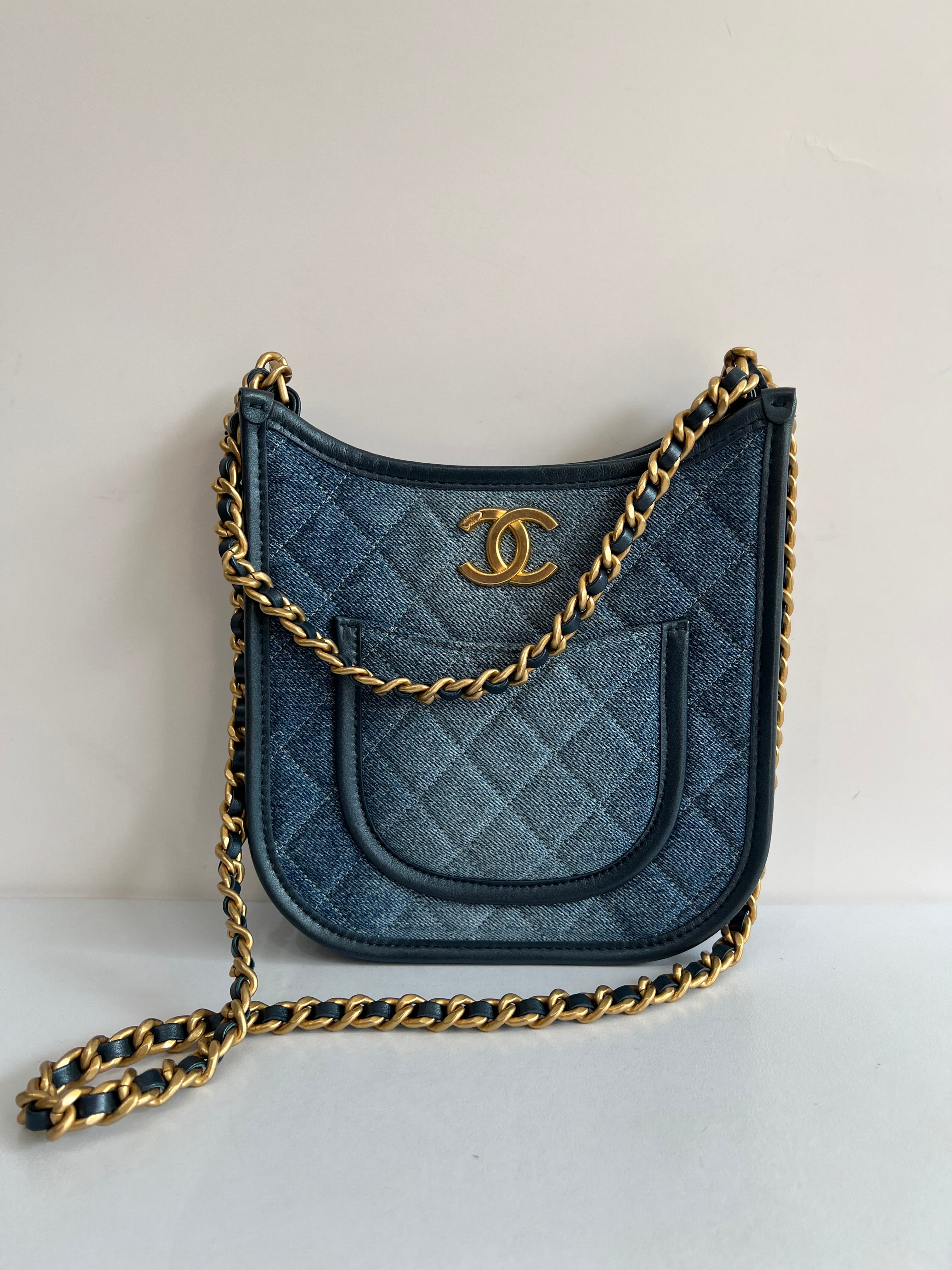 Small Denim Quilted Hobo Bag