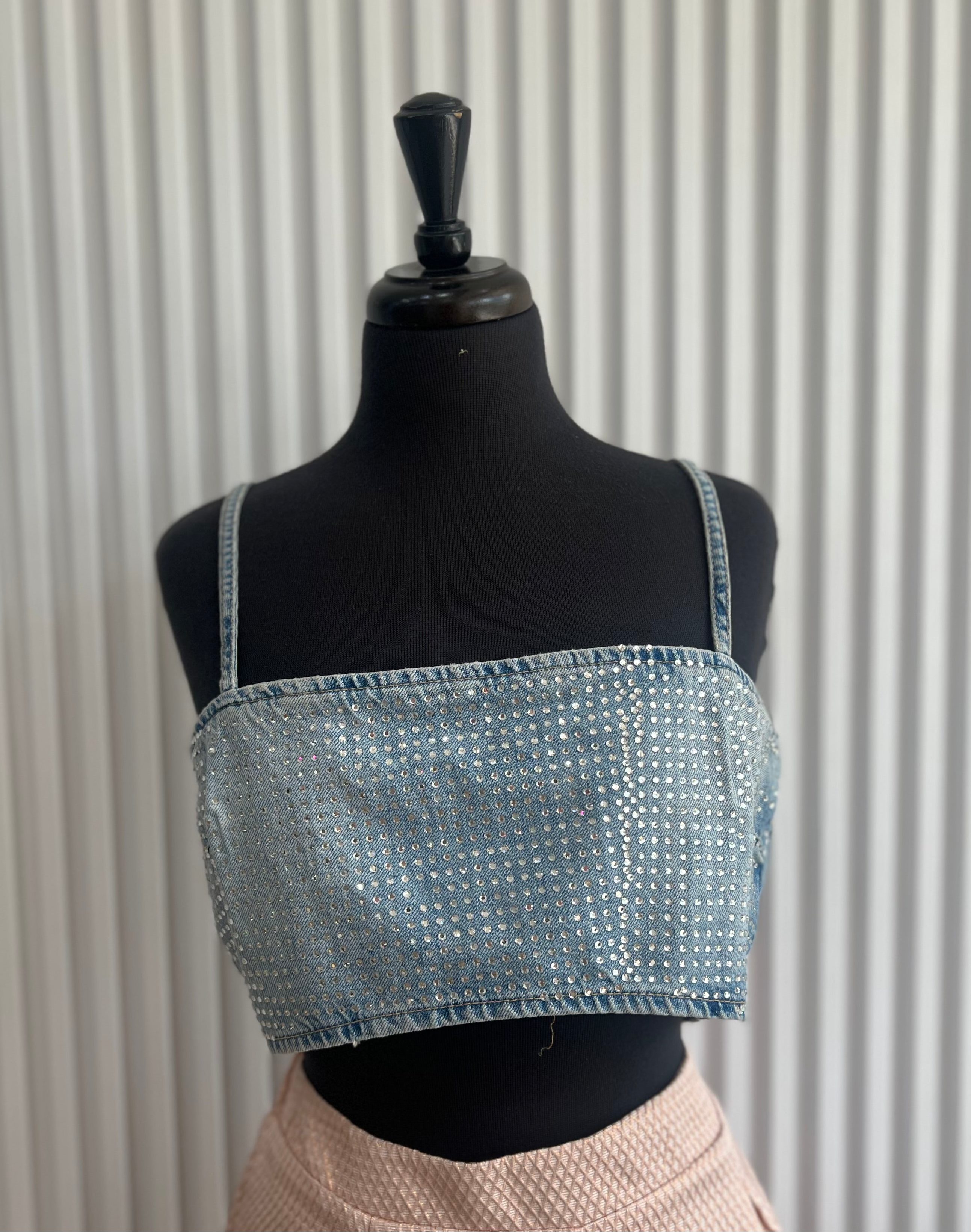 Rhinestone Denim Crop Top