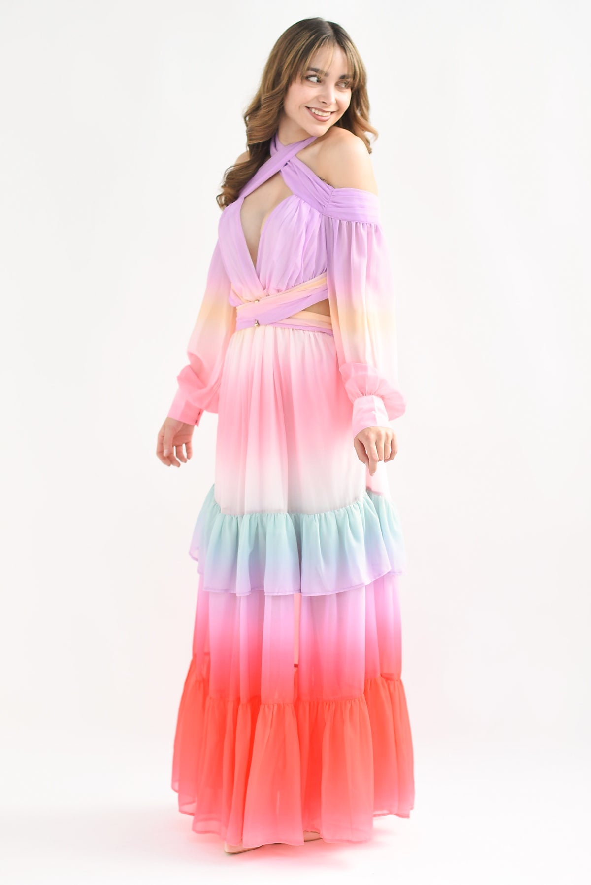 Rainbow Ombré Fruffled Maxi Dress