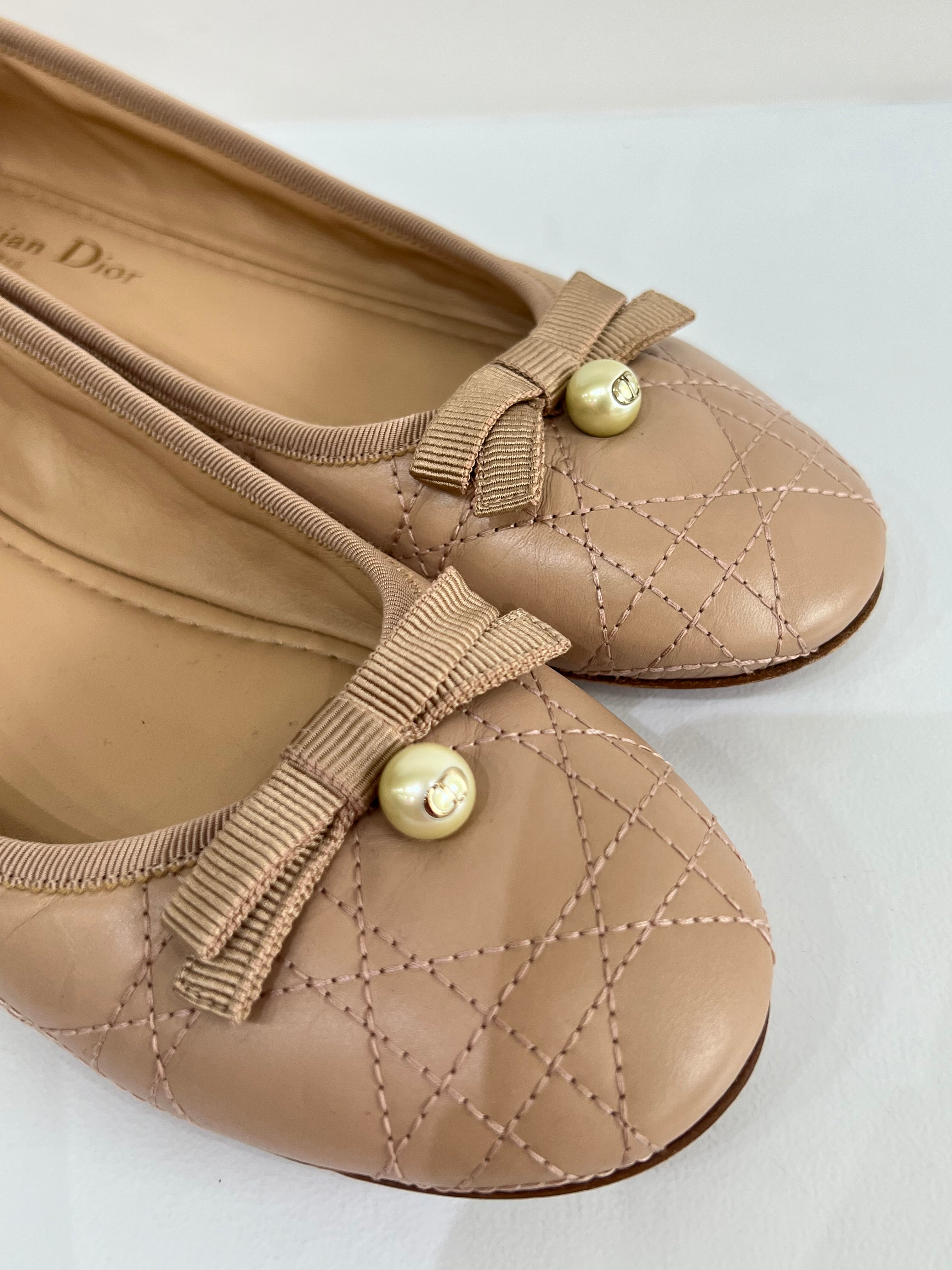 Cannage Pearl Bow Ballet Flats